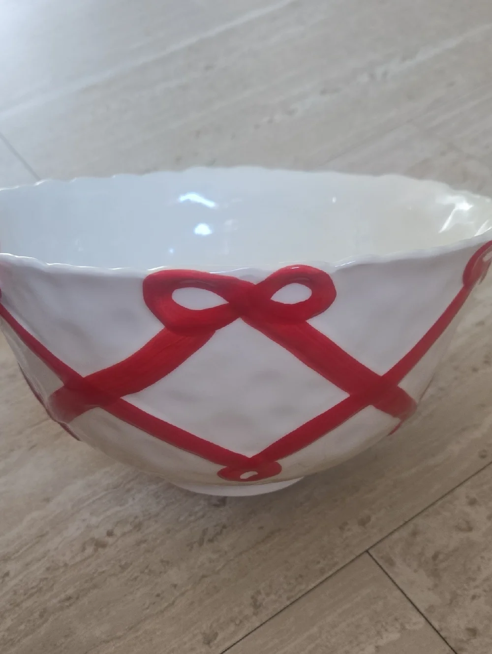 Anthropologie Large White/Red Ribbon Accent Serving Bowl